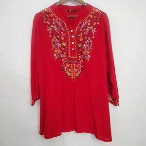 64 Sixty Five Womens Red Floral Embriodered Tunic Top Size XL Boho Art To Wear
